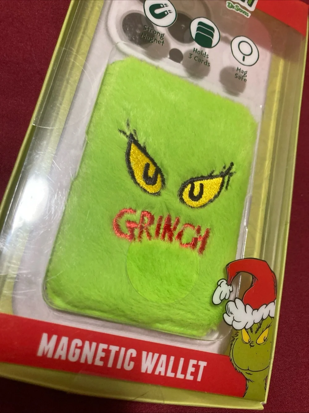 The Grinch Fuzzy Magnetic Wallet For iPhones Holds 3 Cards Strong Magnet New